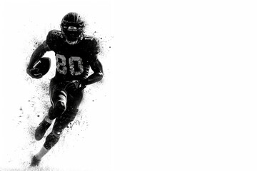 An American football player with fragments of dust and dirt runs with a ball in his right hand. Place for the text on the right