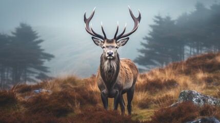 Red deer animal in mist forest - obrazy, fototapety, plakaty