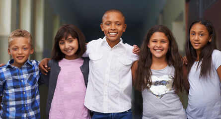 Group, student and portrait or happy in corridor with confidence or pride for learning, education...