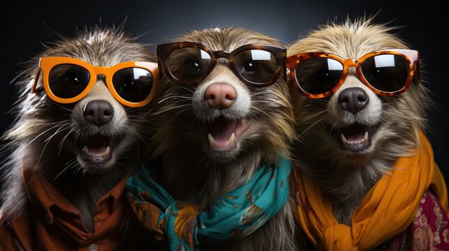 3 animaux avec pleins de poils humoristiques qui rigolent avec des lunettes de soleil en studio photo