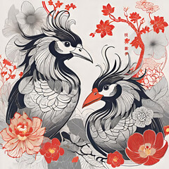 Obraz premium vector illustration, Chinese New Year greetings, traditional Chinese floral patterns and red lanterns, blank background for copy,