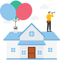 homeowner with telescope at home flying on balloon, house mortgage rate hike, real estate price bubble or housing investment opportunity concept, home loan impact from inflation.

