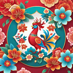 Naklejka premium vector illustration, Chinese New Year greetings, traditional Chinese floral patterns and red lanterns, blank background for copy,