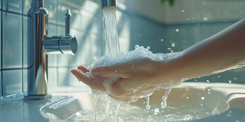 Generative AI, person washing hands with soap and water at sink, hygiene concept - obrazy, fototapety, plakaty