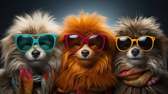 3 chiensx avec pleins de poils humoristiques avec des lunettes de soleil en studio photo