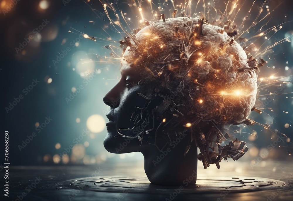 Poster concept art of a human brain exploding with knowledge and creativity