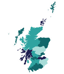 Scotland map. Map of Scotland in administrative regions in multicolor