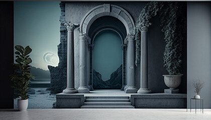 A wall with columns and a large window and door. The entrance to the room. Photo wallpapers. The mural is digital minimalist background, Ai generated image - obrazy, fototapety, plakaty