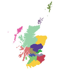Scotland map. Map of Scotland in administrative regions in multicolor