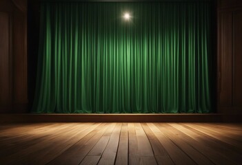 Empty green curtain stage wooden floor with a spotlight
