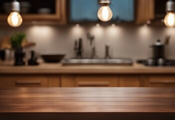 Empty wooden table top with lights bokeh on blur kitchen background High quality photo