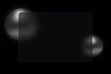 Modern abstraction. Trendy glass morphism design. Black spheres and glass panel.
