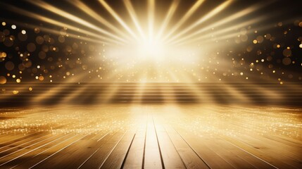 Gold stage scene with spotlight with beam effects decorations and bokeh.