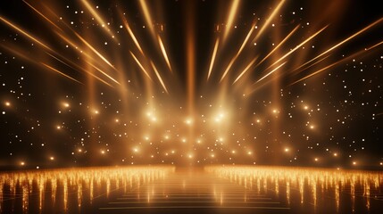 Gold stage scene with glitter light effects decorations and bokeh. Luxury background design concept.