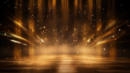 Gold stage scene with spotlight with beam effects decorations and bokeh.