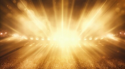 Stage light and golden glitter lights on floor background. Spotlight realistic ray illustration.