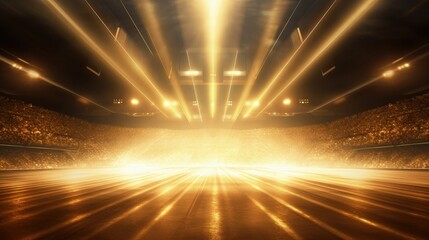 Stage light and golden glitter lights on floor. gold background for display your product. illustration.