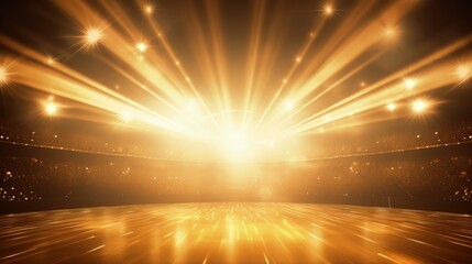 Stage light and golden glitter lights on floor. gold background for display your product....