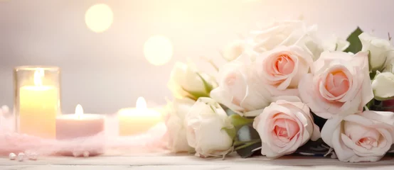 Foto op Canvas Bunch of pink, white roses and candles on abstract blur pastel background. Wedding flowers bokeh background © Renata Hamuda