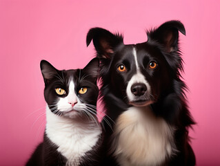 Cat and dog looking front in a pink color background