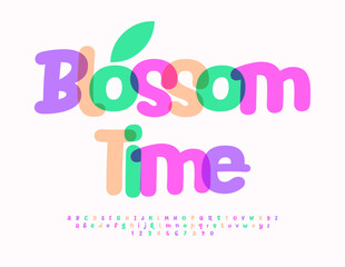 Vector eco concept Blossom Time. Funny Colorful Font. Bright Handwritten Alphabet Letters and Numbers. 