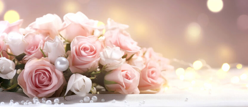Bouquet of pink roses and pearls on pastel abstract bokeh background.