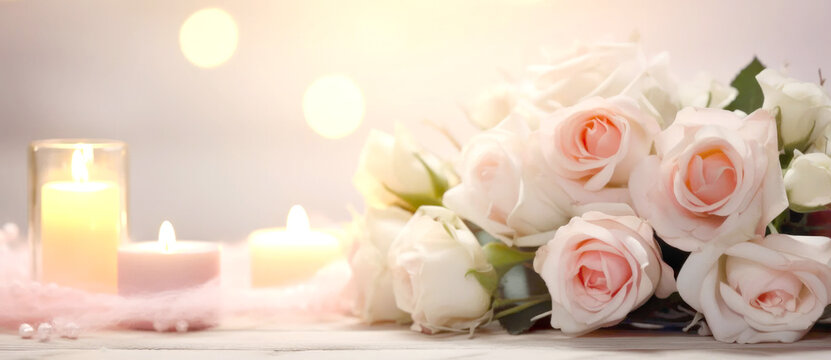 Bunch of pink, white roses and candles on abstract blur pastel background. Wedding flowers bokeh background