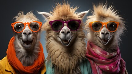 3 animaux avec pleins de poils humoristiques qui rigolent avec des lunettes de soleil en studio photo - obrazy, fototapety, plakaty