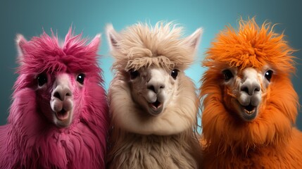 3 lamas avec pleins de poils humoristiques qui rigolent avec des lunettes de soleil en studio photo - obrazy, fototapety, plakaty