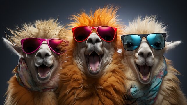 3 animaux avec pleins de poils humoristiques qui rigolent avec des lunettes de soleil en studio photo