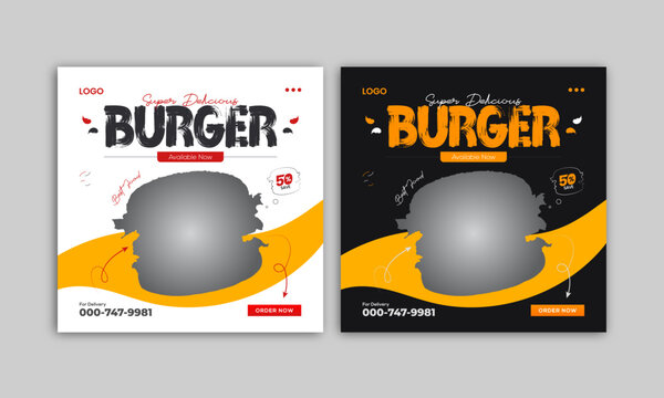 Burger social media banner design illustration. Food social media post vector template. Square size.