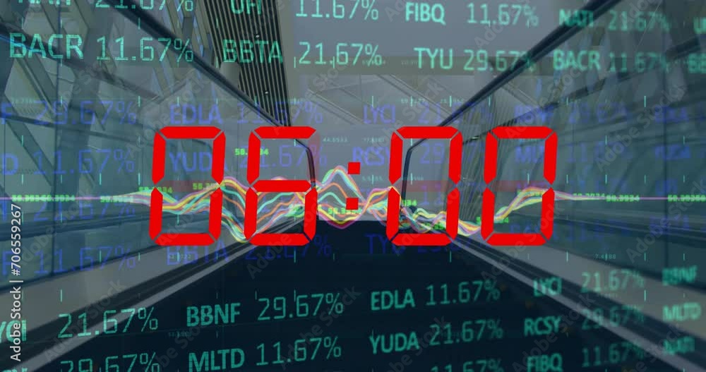 Poster animation of financial data processing over timer and escalator