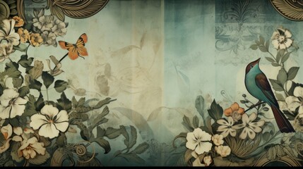 Vintage Botanical Illustration with Bird and Butterfly. Artistic rendering of a bird and butterfly amidst vintage-styled botanical drawings with a muted color palette.