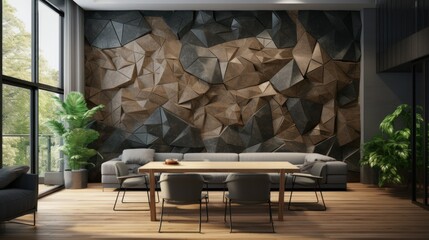 Modern Living Room with Geometric Wall Art. A chic modern living room showcases a striking geometric 3D wall art, complemented by sleek furniture and vibrant houseplants by large windows
