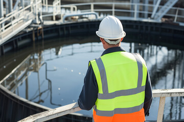 Technician male in white helmet and reflective vest checking water quality at a wastewater treatment facility