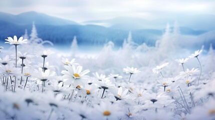 Snow-Kissed Daisy Field in Winter - AI Generated