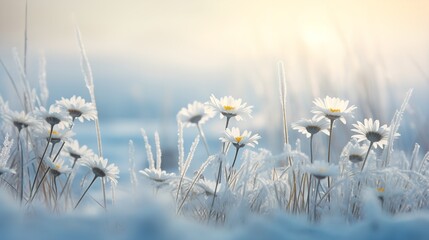 Snow-Kissed Daisy Field in Winter - AI Generated