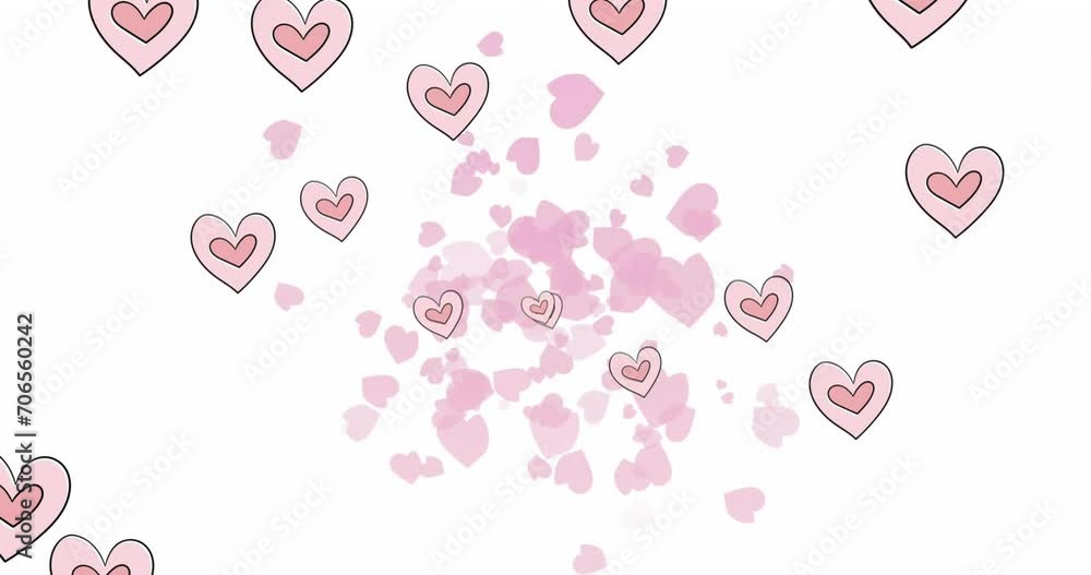 Aufkleber animation of multiple pink heart icons floating against white background with copy space