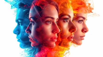 Plusieurs visages de femme de couleurs et races différentes regardent dans la même direction