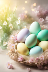 Celebrating Easter, holiday greeting card mockup with light bokeh, flowers and colored eggs.