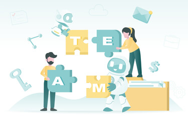 Artificial Intelligence (AI) technology and cooperation concept. Collaboration between human and ai robot to complete puzzle jigsaw. Strategy planning, tactical management, success.