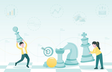 Strategy plan concept. Business people working strategy plan, tactical management, skill, inspiration, creativity, competitive analysis, opportunity, problem solving. Flat vector design illustration.