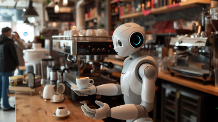 Applied AI - an artificial intelligence enabled robot is serving espresso in a modern coffee bar. Example for the future in robotics.  - obrazy, fototapety, plakaty