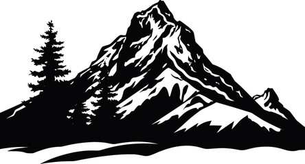 Mountain lake silhouette graphic art black white landscape illustration vector. Mountain and lake black and white illustration. AI generated illustration.
