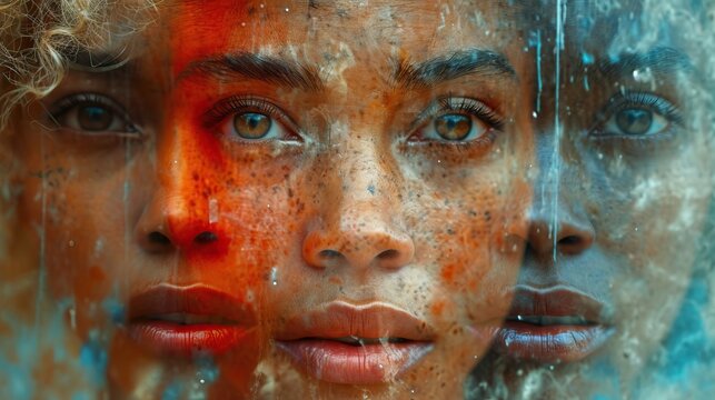 Un regard de femme intense ave en superposition des visages de personnes