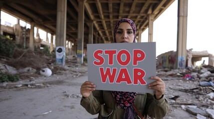 Woman's Appeal for Peace Amidst Destruction.
Holding a peace sign, a woman calls to stop war in a devastated area.