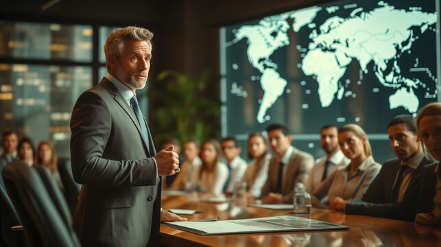 Cadre sup&eacute;rieur, directeur ou dirigeant donnant une pr&eacute;sentation devant une assembl&eacute;e de cadres ou actionnaires de l'entreprise (CODIR, COMEX), ouverture de nouveaux march&eacute;s &agrave; l'international
