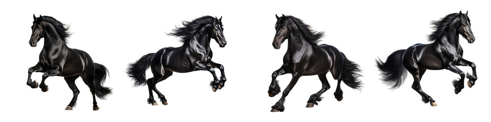 A set of black horses is running gracefully  isolated on a transparent background PNG