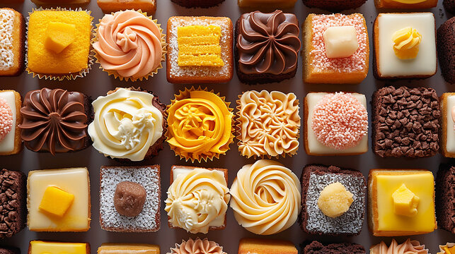 mini dessert singoli o a fette, dolci di diversi sapori, sfondo di dolci visto dall'alto  