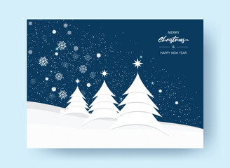 Greeting card or banner Merry Christmas and Happy New Year. Minimalist style. New Year's fir trees, snow, snowflakes, Jesus star on a white and blue background